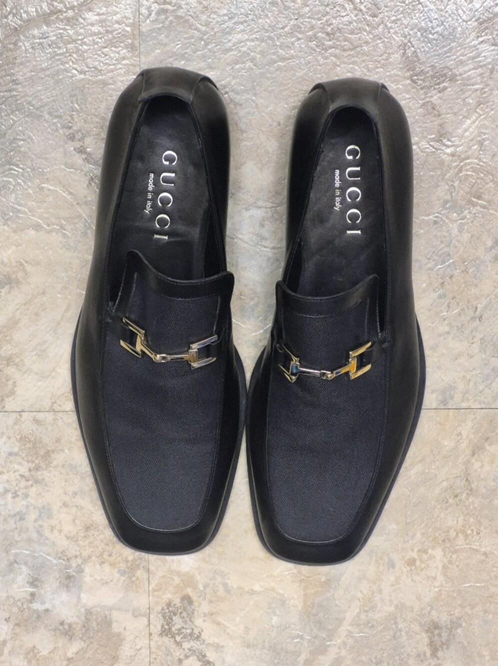 Men's Gucci Black Leather & Fabric Slip-On Loafers with Gold Horsebit